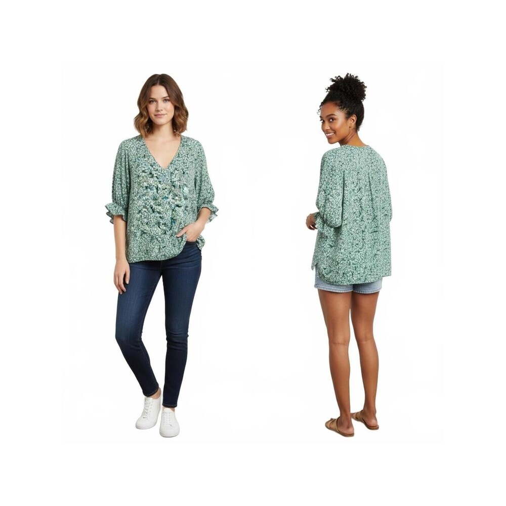 Well Worn Green Floral Print V-Neck Blouse Ruffle Sleeve Lightweight Top